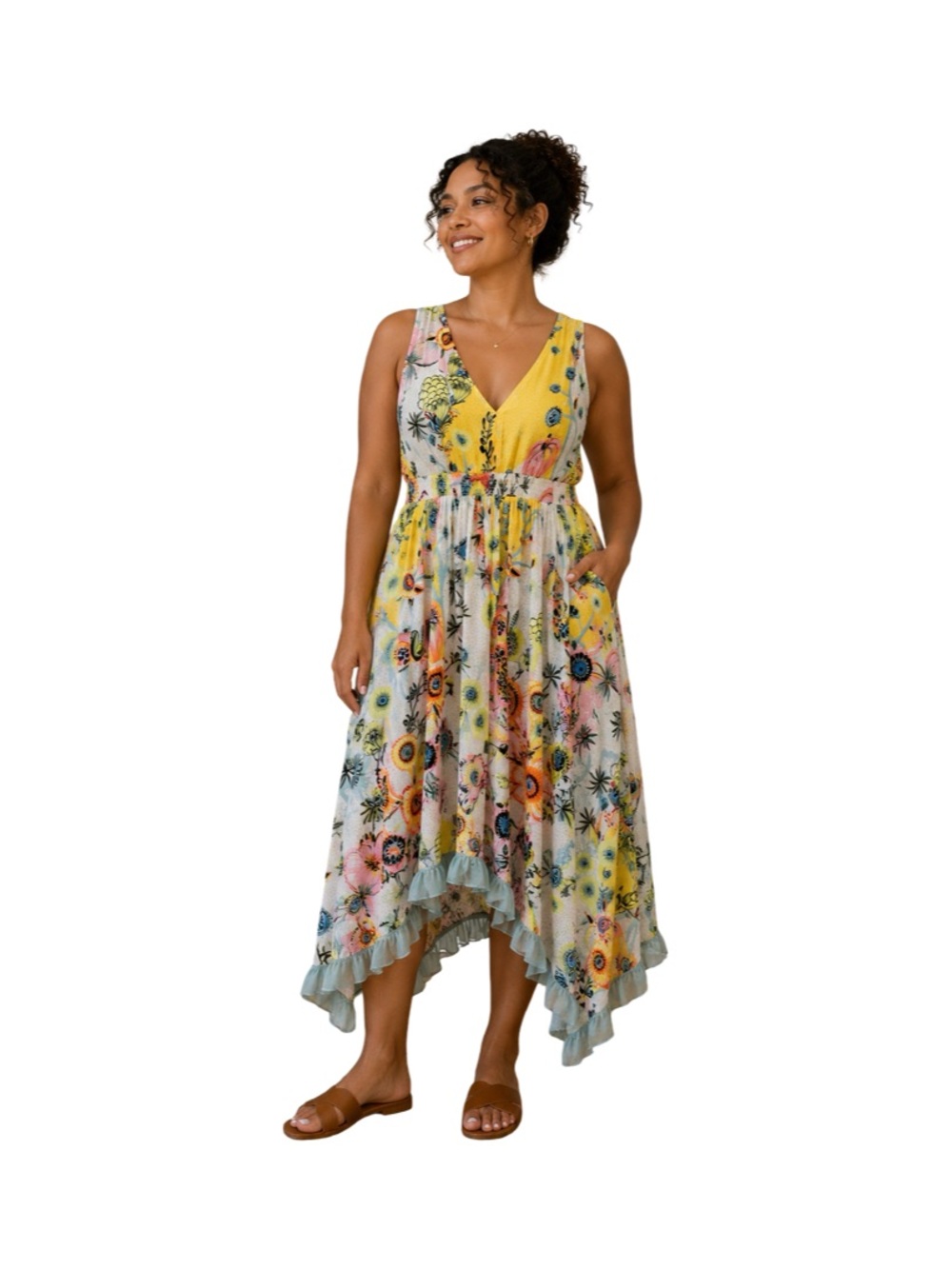 Anthropologie Yellow Floral V-Neck High-Low Sun Dress